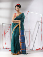 Teal Cotton Saree With Stripes Zari Pallu-MA55CT06540093