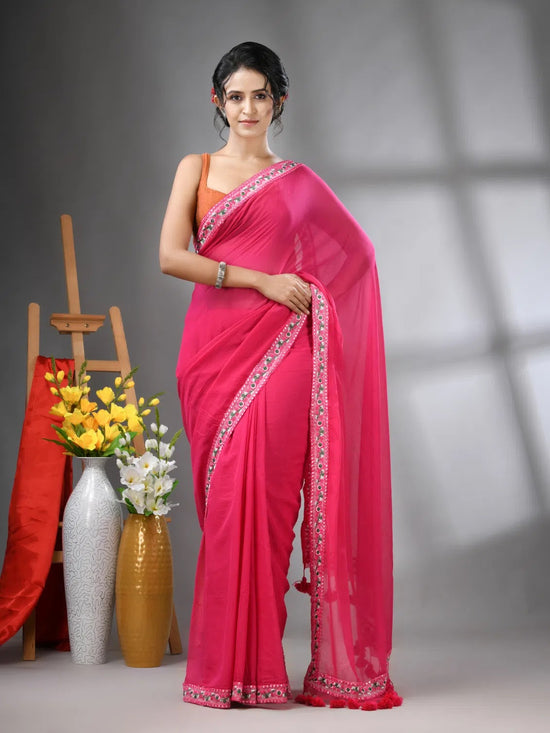 Pink Mul Cotton Soft Saree With Embroidered Borders-MA62MCT33990001