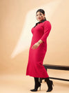 Women Red Rib Contrast Collar Midi Dress