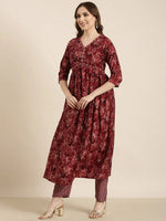 Women Anarkali Maroon Floral Kurta and Trousers Set-SKC-052596-Maroon