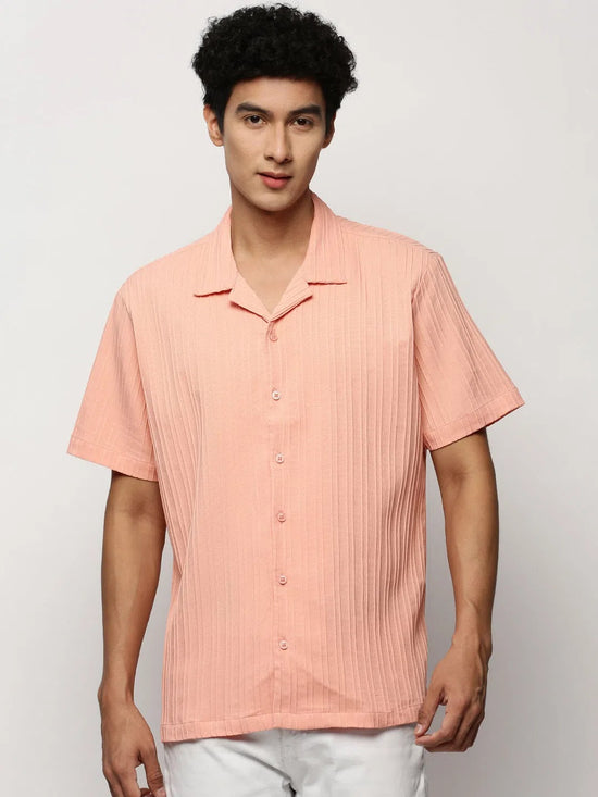 Men Peach Striped Shirt-H-WAI-M197-1605-Peach