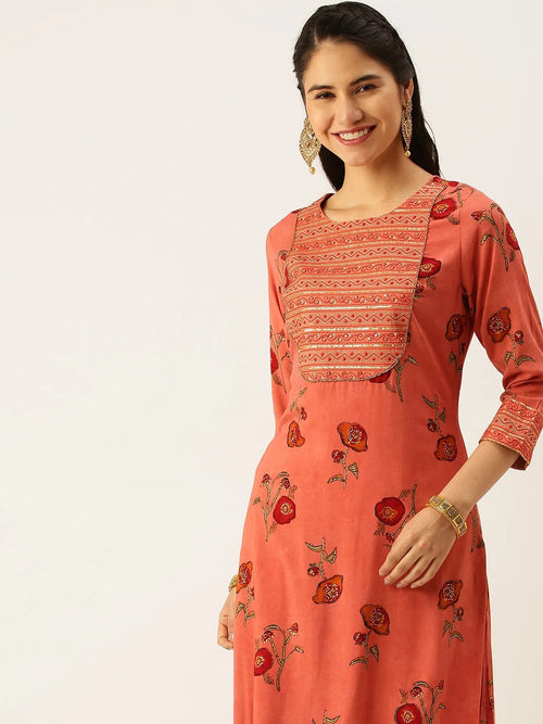 Women's Orange Printed Kurta Sets-GW-2400-Rust