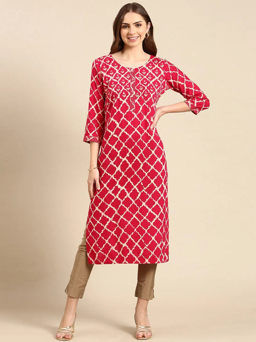 Women's Magenta Printed Straight Kurta-AT-A396-Magenta