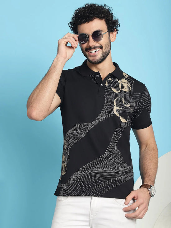 Venitian Men All Over Printed Black Cotton Polo Neck T-Shirt