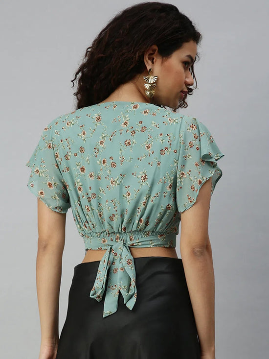 Women's Green Floral Tops-AE-7004-Seagreen