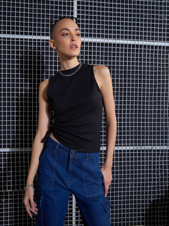 Women Black Rib Side Ruched Crop Top