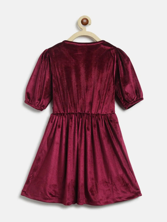 Tales & Stories Girls Maroon Polyester Elbow Sleeve Flared Fit Solid Dress