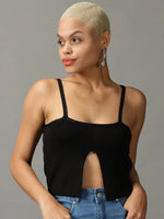 Women's Black Solid Fitted Crop Top-ARN-39115-Black