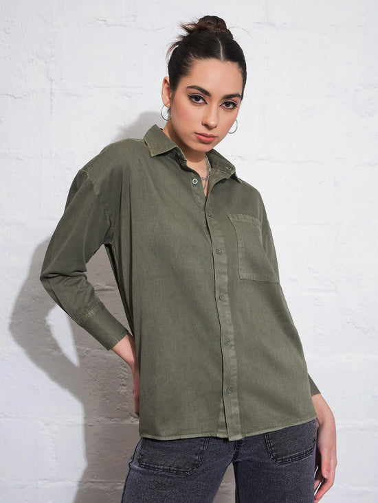 Women Olive Cotton Twill Oversized Shirt