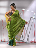 Green Cotton Saree With Sequine Work And Zari Stripe Pallu-MA55CT06520126