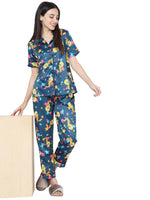 Smarty Pants Women's Silk Satin Teal Blue Tweety Print Night Suit