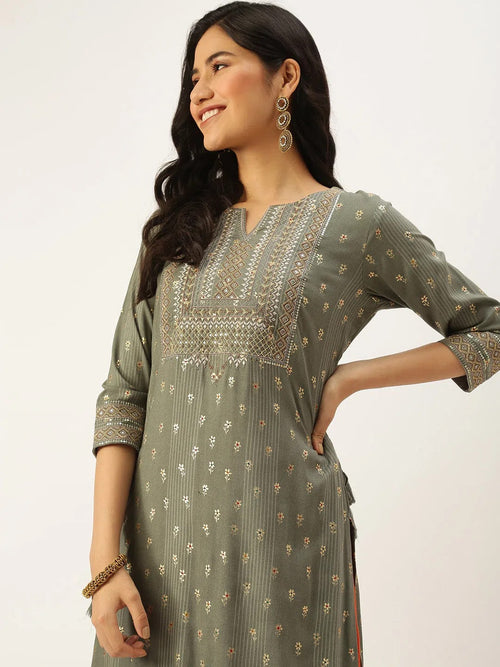 Women's Grey Printed Straight Kurta-GW-2724-Grey