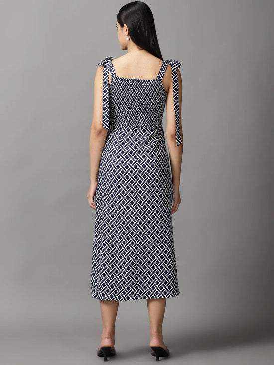 Women's Navy Blue Printed Fit and Flare Dress-AE-15682-Navyblue