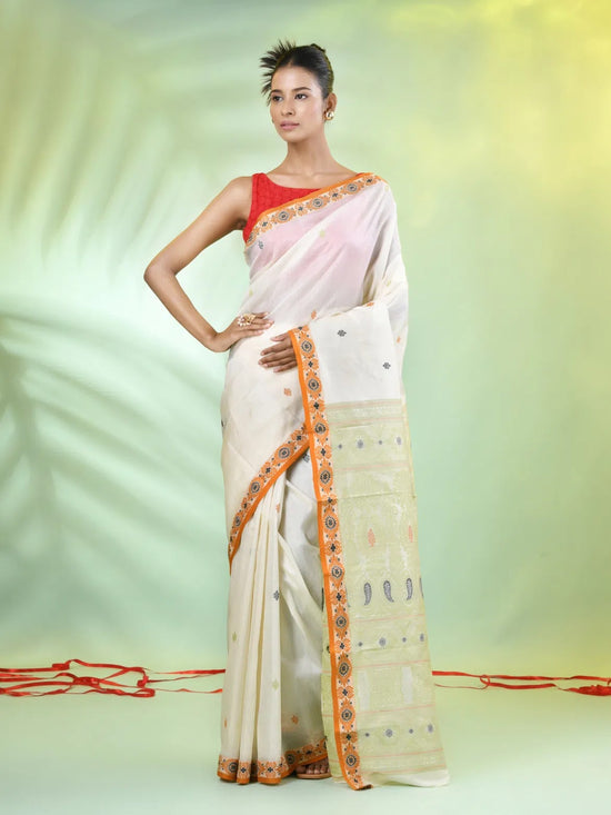 Off White Tussar Silk Saree With Woven Texture Motifs-MA66TUS432590049