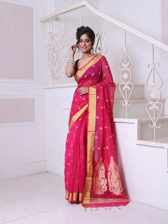 Hot Pink Cotton Saree With Zari Borders-MA64BCT401190040