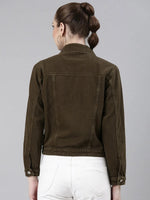 Women Brown Solid Denim Jacket-GZ-5598-Brown