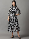 Women's Black Floral Fit and Flare Dress-AE-15610-Black