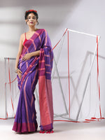 Blue Cotton Saree With Stripes Pattern-MA55CT06540089