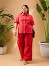 Women Red Schiffli Front Button Shirt With Pants