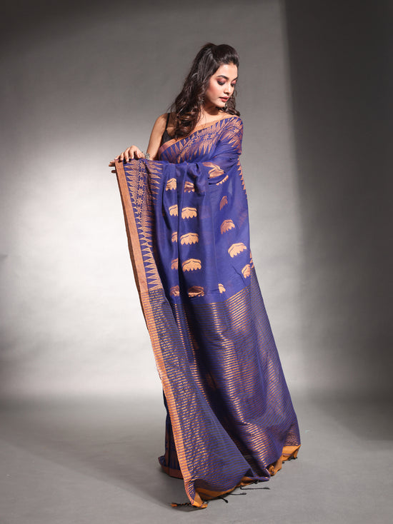 Blue Pure Cotton Saree With Temple Border-MA54CT33550076