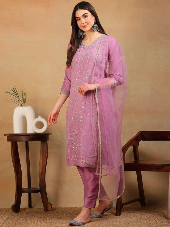 Ahika Women Lavender Silk Blend Embroidered Straight Kurta Pant Set With Dupatta-PKSKD2310_XS