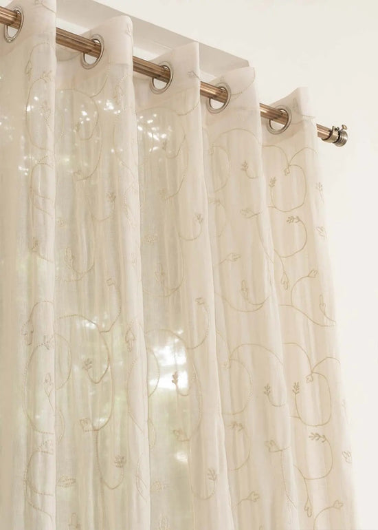 Ivy Vines 100% cotton sheer embroidered minimal curtain for living room -  Light filtering - Cream - Pack of 1-2304211025