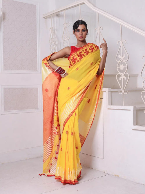 Yellow Bengali Style Cotton Soft Saree With Kashful Borders-MA62CT33550041