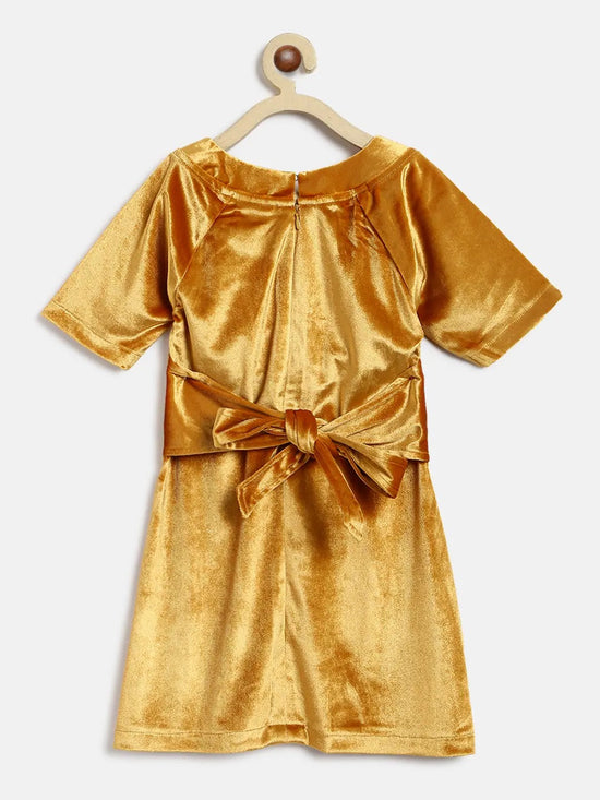 Tales & Stories Girls Golden Polyester Half Sleeve Bodycon Fit Solid Dress