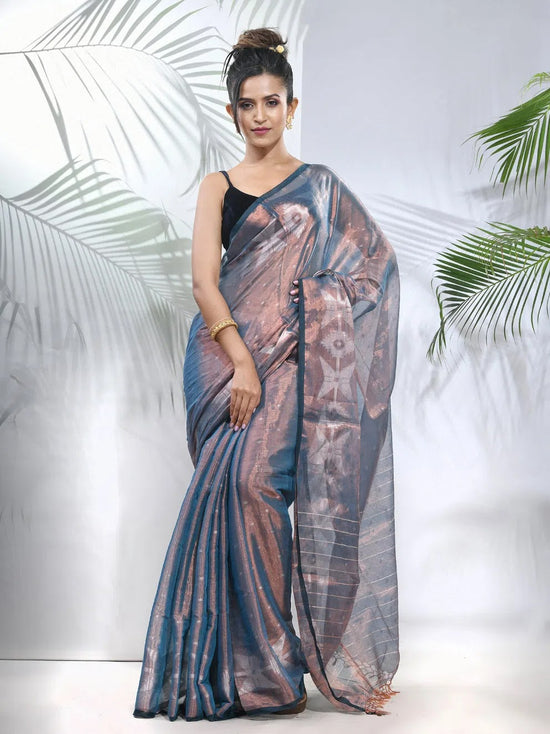 Blue Polka Dots Tissue Saree With Stripes Pallu-MA56TIS33830032