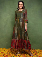 Ahika Women Olive Viscose Rayon Abstract Printed A-Line Kurta with Overcoat