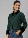 Women's Green Solid Denim Jacket Jackets-AE-999155-Greenblack