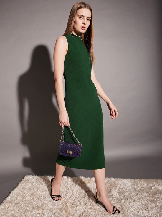 Sleeveless high neck bodycon midi dress in Green Color