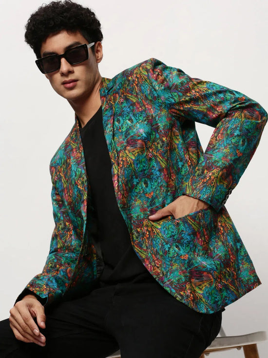 Men Blue Printed Casual Blazers-SOBLZ-080-9-Turquoiseblue