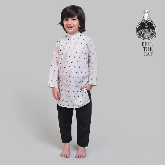 Collar Full Sleeved Cotton Kurta & Pajama Set For Boys With Bell The Cat Print