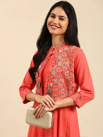 Women's Coral Printed Anarkali Kurta-AT-A-271-Coral