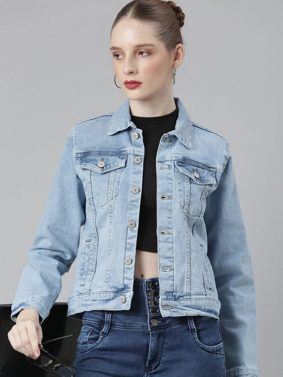 Women Blue Solid Denim Jacket-GZ-5534-Blue