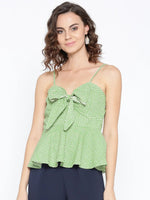 Front knot peplum top with printed checks in Green