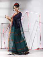 Navy Blue Cotton Saree With Stripes Zari Pallu-MA55CT06520101