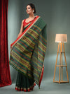 Forest Green Silk Linen Handwoven Saree With Temple Border-MA50SLN061100098