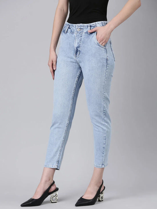 Women Blue Solid Mom Fit Denim Jeans-GZ-5491-Blue