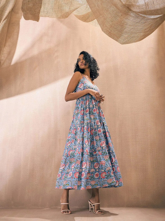 Women Blue Floral Strappy Tiered Maxi