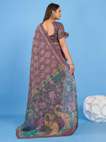 Saree Mall Women's Linen Blend Brown Printed Designer Saree With Blouse Piece-SUMER104