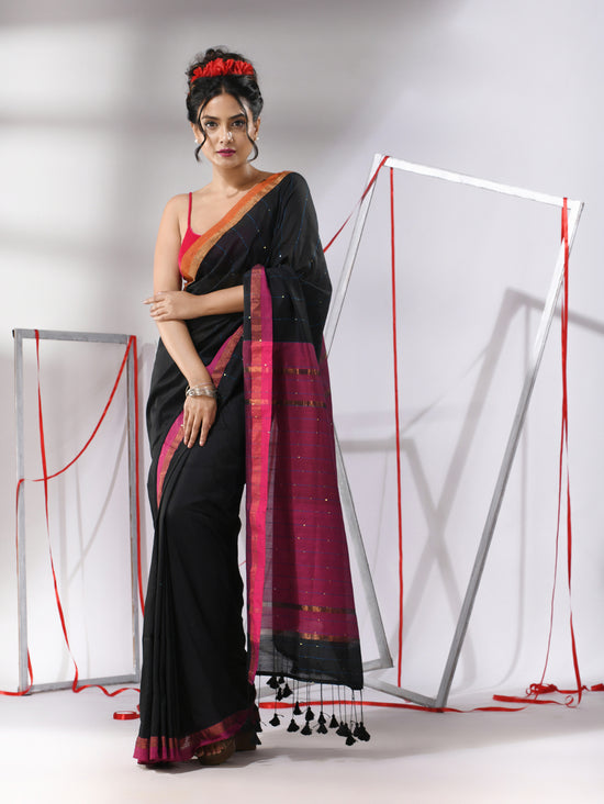 Black Cotton Saree With Sequined Work-MA55CT06520109