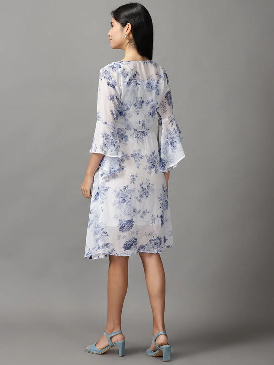 Women's White Floral Fit and Flare Dress-EA-1001-Whiteblue