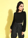 Veni Vidi Vici Black Round Neck Puff Sleeve Peplum Knitted Top