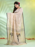 Beige Cotton Handwoven Saree With Bird Motifs-MA66CT431380018