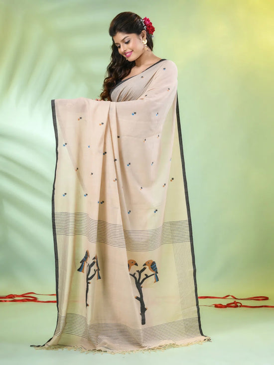 Beige Cotton Handwoven Saree With Bird Motifs-MA66CT431380018