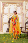 Vaasva Women Mustard Organza Multi Floral Print & Embroidered Anarkali Kurta, Pant & Dupatta set