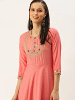 Women's Pink Embellished A-Line Kurtas-FS-1484-Peach