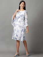 Women's White Floral Fit and Flare Dress-EA-1001-Whiteblue